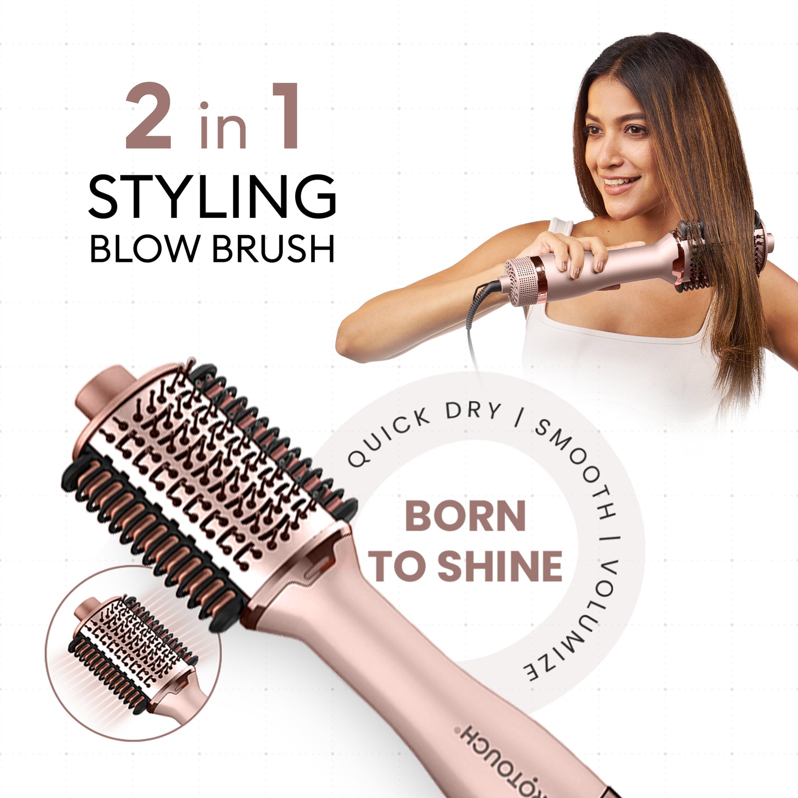 Protouch Born To Shine 2‑in‑1 Styling Blow Brush – Drying, Straightening & Styling Tool for Smooth, Shiny Hair