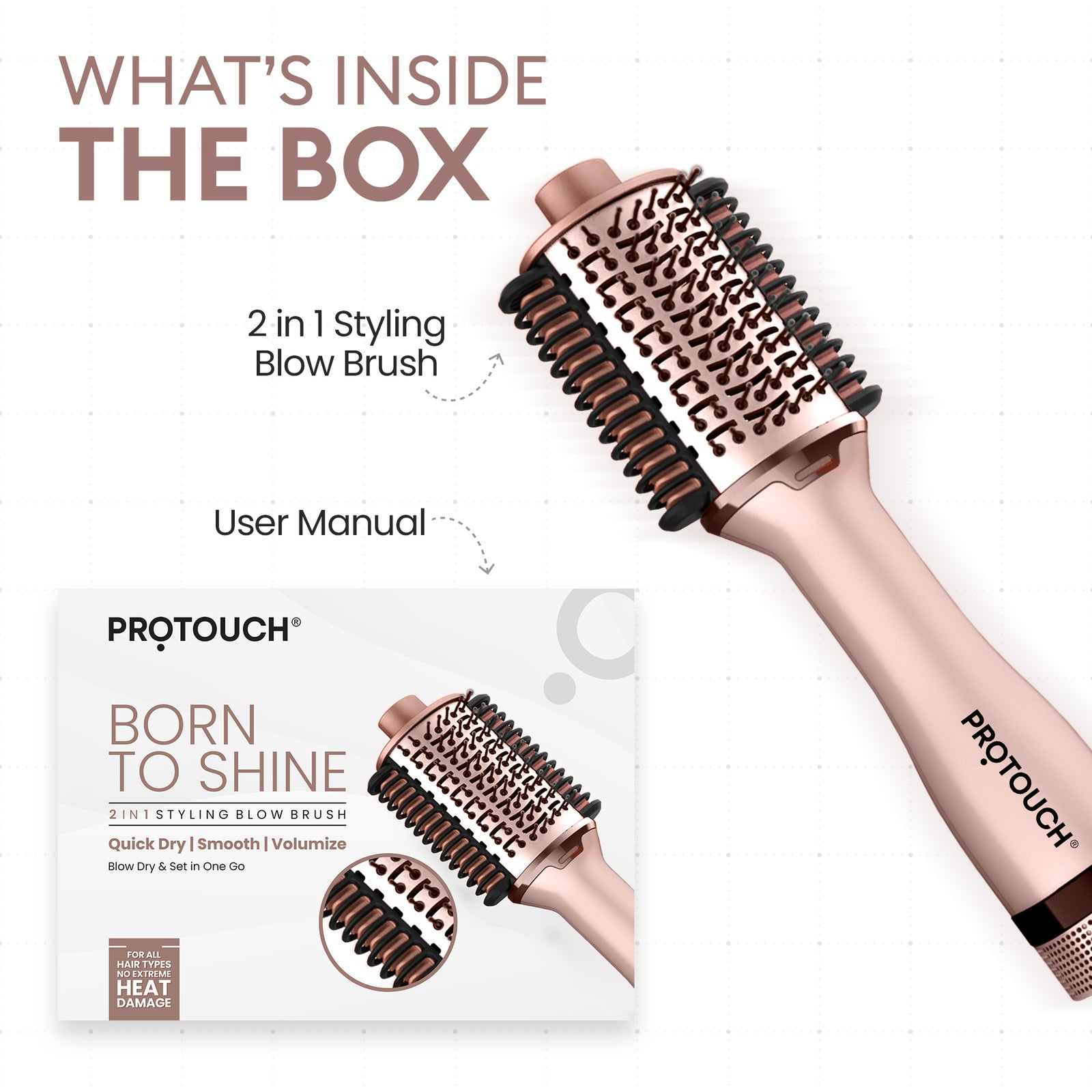 Protouch Born To Shine 2‑in‑1 Styling Blow Brush – Drying, Straightening & Styling Tool for Smooth, Shiny Hair
