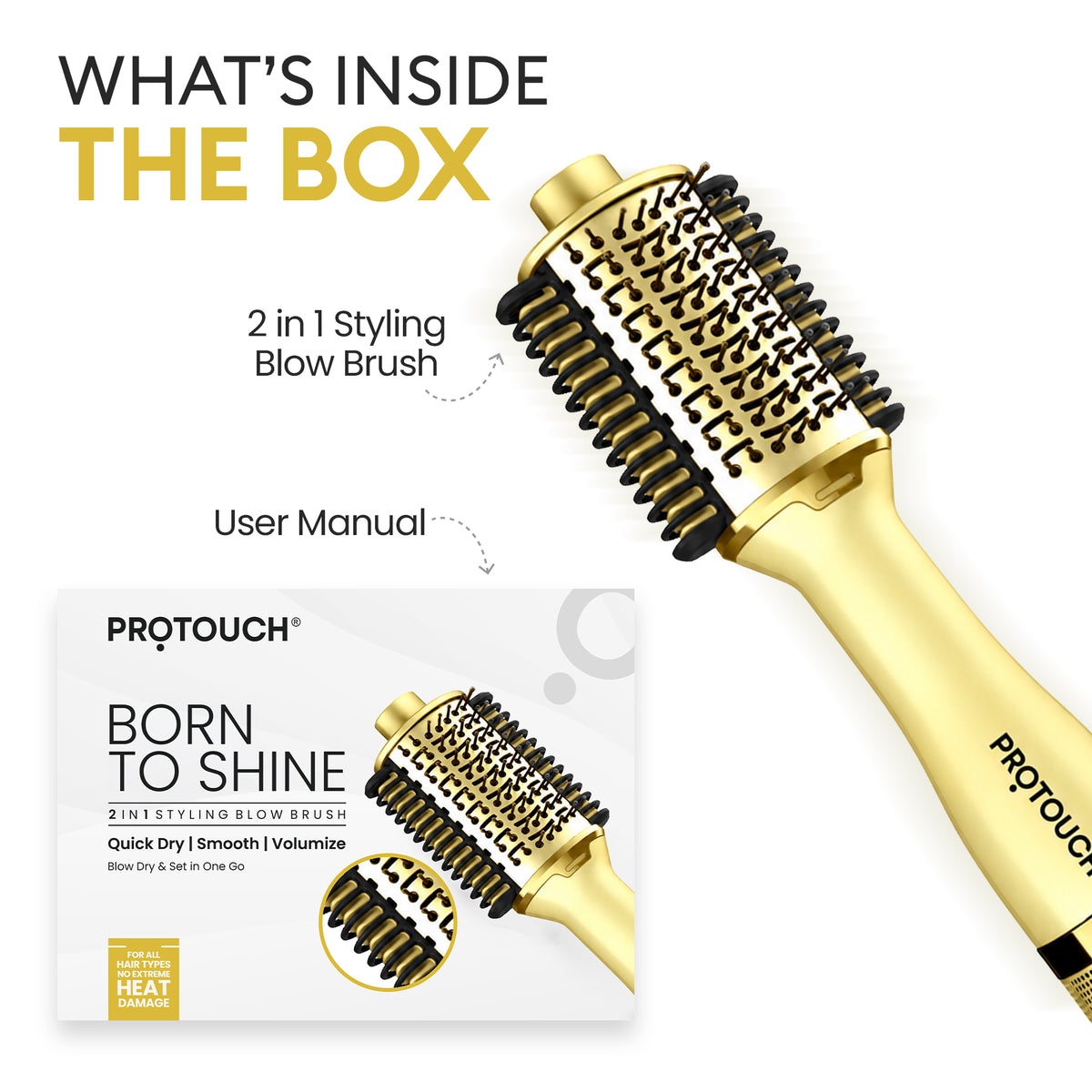 Protouch Born To Shine 2‑in‑1 Styling Blow Brush – Drying, Straightening & Styling Tool for Smooth, Shiny Hair